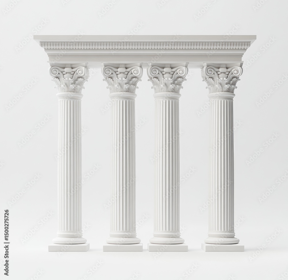 Fototapeta premium Four classic white columns with ornate capitals and entablature against a white background