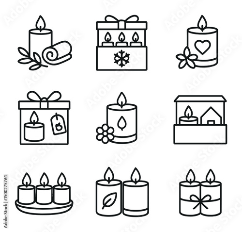 Candle Gift Icon Set. Outline icon set of themed candle gift sets: spa gift candle set, holiday candle trio, wedding favor candle,