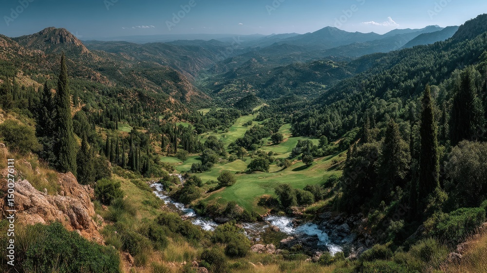Fototapeta premium Mountain Valley in Andvals: Summer River & Forest Greenery