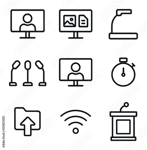Courtroom Technology Icons. Outline icon set of courtroom layout and protocol: judge’s bench, defense table, prosecution table,