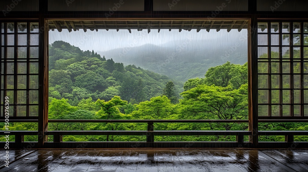 Fototapeta premium Rainy Day View from Japanese Room Green Mountains