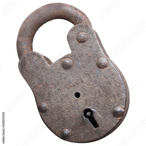 Rusted old antique metal padlock isolated on a transparent background