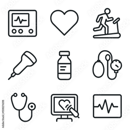 Cardiovascular Exam Icons. Outline icon set of cardiovascular exams: ECG machine, heart icon, treadmill test, echocardiogram probe