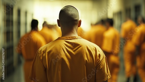 Prisoner in orange jumpsuit, walking in line