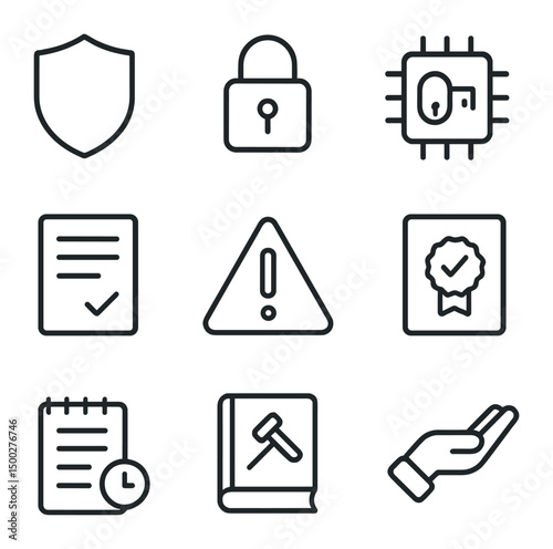 Care Robot Ethics Icons. Outline icon set of ethical and safety considerations for care robots: shield badge, privacy lock, data
