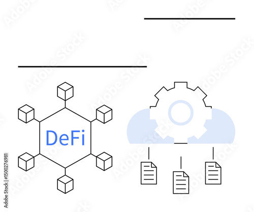 Blockchain network with DeFi in center connected to nodes, gear and cloud system managing document sharing. Ideal for blockchain, decentralized finance, cloud computing, data sharing, file