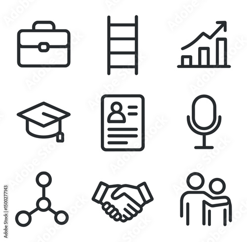 Career Icons Grid. Outline icon set of career development: briefcase, ladder, growth chart, graduation cap, resume, interview