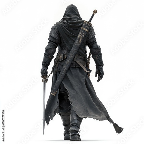 Dark hooded figure, sword and scabbard, walking away