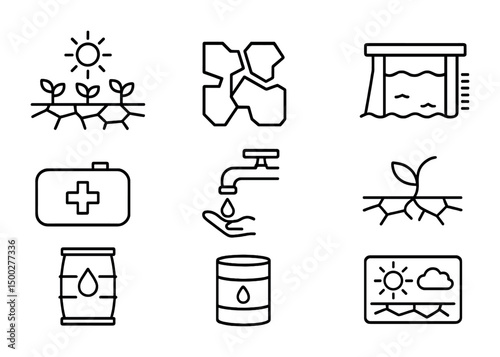 Drought and water conservation icons set – outline, environmental, sustainability symbols