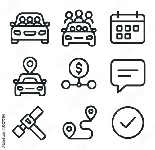 Carpool Icons Set. Outline icon set of carpooling coordination: group in car, car icon with multiple avatars, schedule calendar,