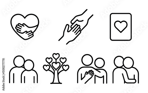 Community support icons set – outline, linear, helping and care symbols