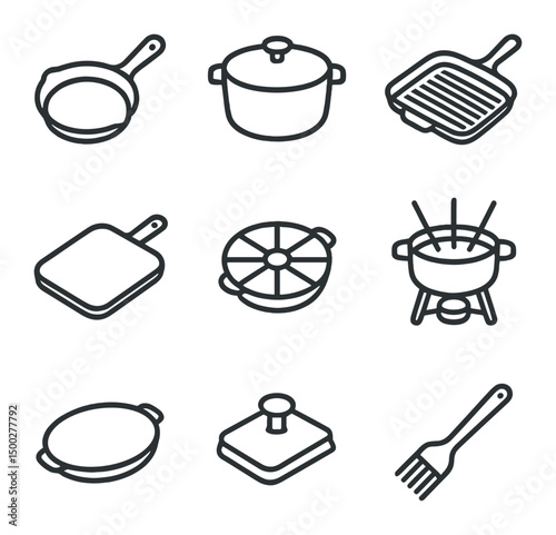 Cast Iron Cookware Icons. Outline icon set of cast iron cookware: skillet, Dutch oven, grill pan, griddle, cornbread pan, fondue