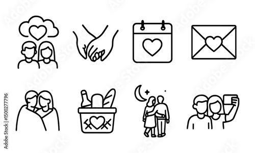 Love and romance icons set – outline, linear, couple and relationship symbols