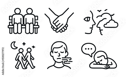 Mindfulness and relaxation line icons set – outline, meditation, stress relief symbols