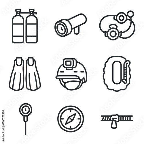 Cave Diving Equipment Icons. Outline icon set of cave diving equipment: twin tanks, dive light, regulator set, fins, helmet camera