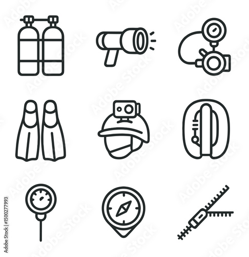 Cave Diving Equipment Icons. Outline icon set of cave diving equipment: twin tanks, dive light, regulator set, fins, helmet camera