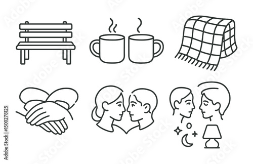 Cozy home life outline icons set – warmth, comfort, daily essentials symbols
