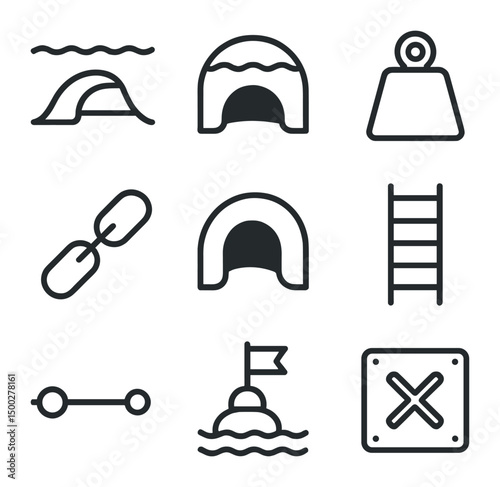 Cave Exploration Icons. Outline icon set of cave entry and exit markers: submerged passage, air pocket dome, mooring block, anchor