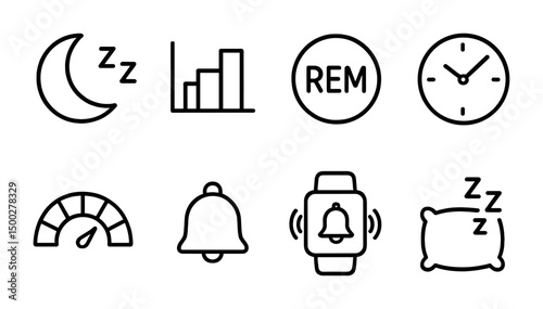Sleep monitoring outline icons set – linear, wellness, health symbols