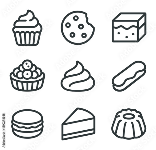 Dessert Icon Grid. Outline icon set of dessert creativity projects: cupcake, chocolate chip cookie, brownie square, fruit tart,