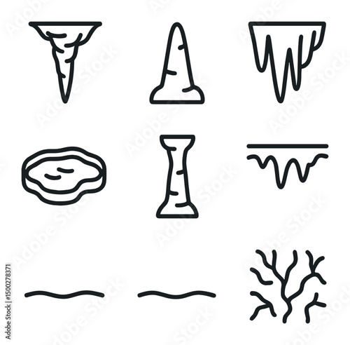 Cave Formation Icons. Outline icon set of subterranean cave formations: stalactite, stalagmite, flowstone drape, rimstone pool,