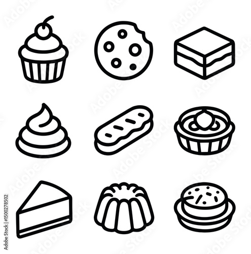Dessert Icon Grid. Outline icon set of event coordination tasks: calendar, clipboard, checklist, stopwatch, megaphone, table setup