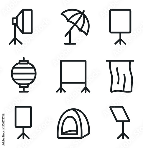 Diffusion Modifier Icons. Outline icon set of diffusion modifiers: softbox, umbrella reflector, diffusion panel, lantern, scrim,