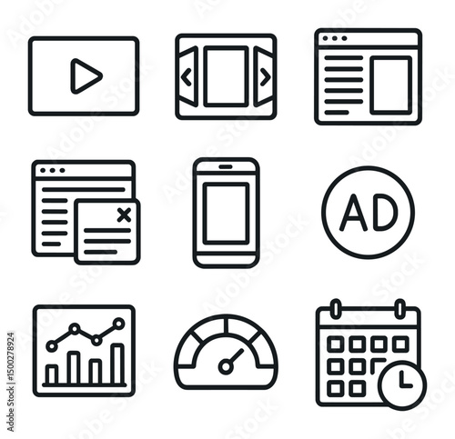 Digital Ad Icons. Outline icon set of email campaign mockups: inbox view, subject line, preview text, header image, CTA button,