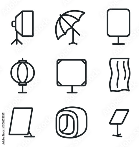 Diffusion Modifier Icons. Outline icon set of diffusion modifiers: softbox, umbrella reflector, diffusion panel, lantern, scrim,
