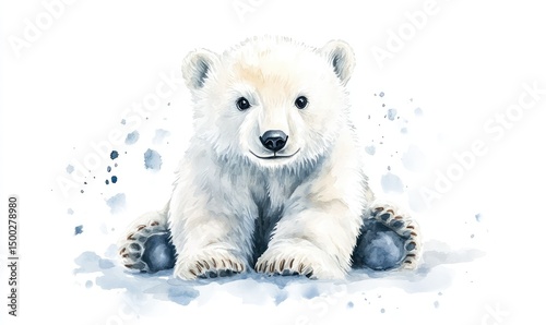 Watercolor kid polar bear doll, full of charm, on white background. AI generated illustration.