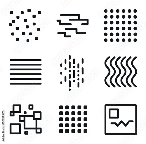 Digital Noise Icon Set. Outline icon set of digital noise patterns: pixel noise scatter, glitch line break, halftone dots,