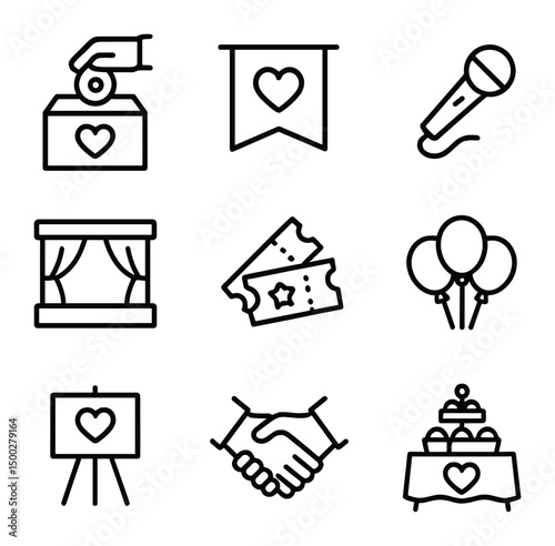 Charity Event Icons. Outline icon set of fundraising events: donation box, charity banner, microphone, stage, event tickets,