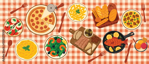 Traditional Italian Cuisine Flat Lay of Classic Mediterranean Dishes