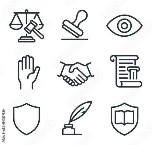 Checks and Balances Icons. Outline icon set of checks and balances: scale with gavel, veto rubber stamp, oversight eye,