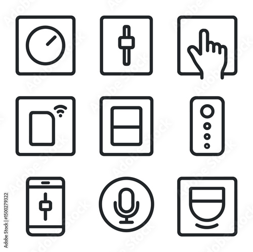 Dimmer and Switch Icons. Outline icon set of dimmers and switches: rotary dimmer, slide dimmer, touch dimmer, smart switch, rocker