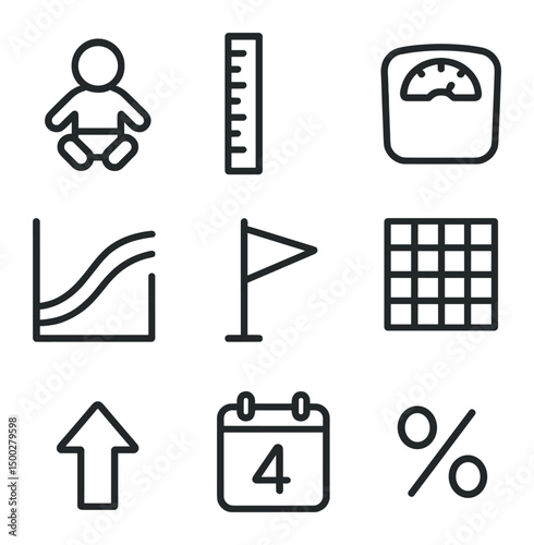 Child Growth Icon Set. Outline icon set of child growth tracking: baby silhouette, height ruler, weight scale, percentile curve,