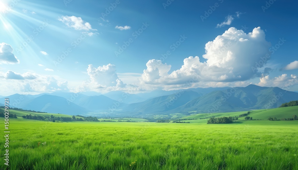 Fototapeta premium Panoramic natural landscape with green grass field and blue sky with clouds and mountains in background. Sunny weather, summer season. Perfect eco-friendly, sustainable wallpaper for posters.