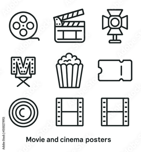 Cinema Icons Set. Outline icon set of movie and cinema posters: film reel, clapperboard, spotlight, director’s chair, marquee