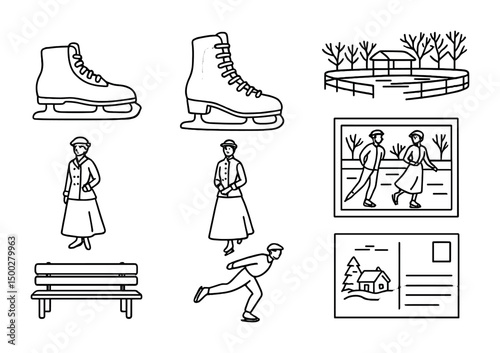 Winter activities outline icons set – silhouette, skating, park, seasonal symbols