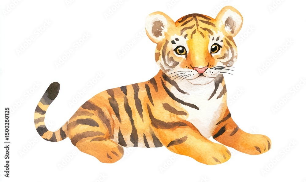 Obraz premium Watercolor kid tiger doll, isolated on white background. AI generated illustration.