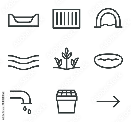 Drainage Icon Set. Outline icon set of drainage and stormwater channels: gutter trough, storm drain grate, culvert arch, swale