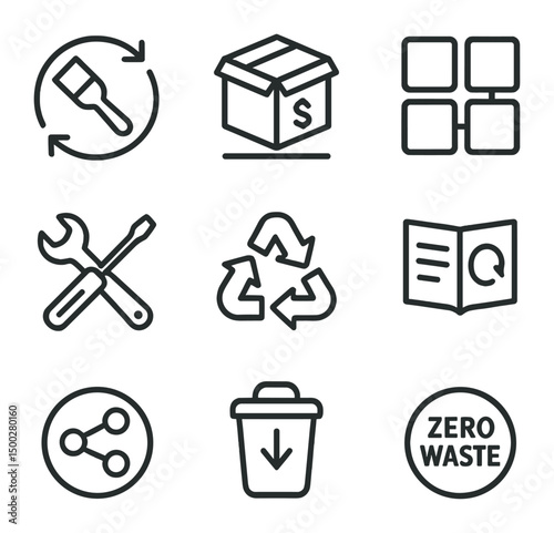 Circular Economy Icons. Outline icon set of circular economy innovations: upcycle icon, product-as-service box, modular design,