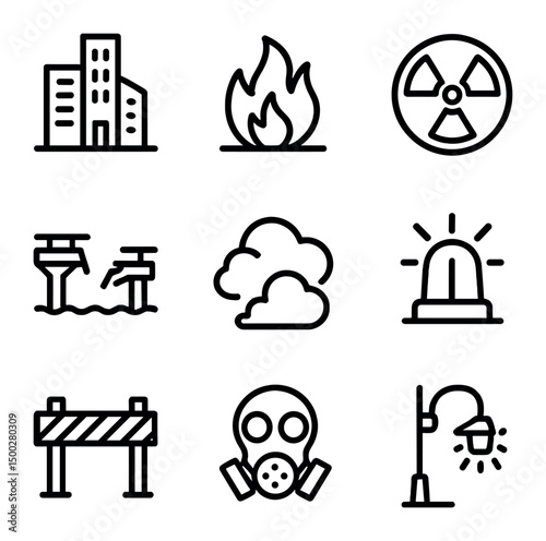 Dystopian City Icons. Outline icon set of dystopian cityscape: skyscraper silhouette, raging fire, collapsed bridge, radiation