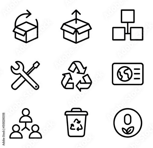 Circular Economy Icons. Outline icon set of circular economy innovations: upcycle icon, product-as-service box, modular design,