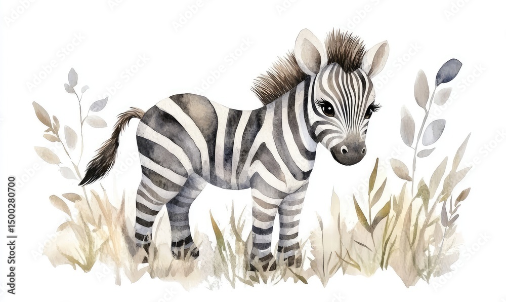 Obraz premium Watercolor kid zebra doll, perfect for children, isolated on white background. AI generated illustration.