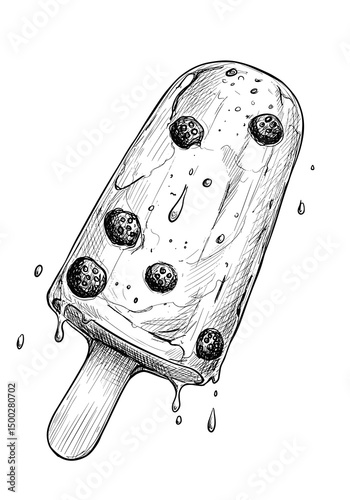 Fruit Ice Popsicle Illustration. Melting with blueberries, transparent background. Sweet treat icon, summer dessert, food blog