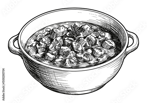Goulash Dish Illustration. Traditional hearty meal in ceramic bowl, transparent background. European food, comfort food, recipe graphic