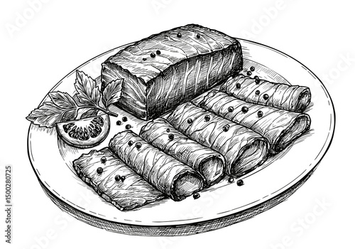 Smoked Salmon or Graavilohi Platter. Monochrome sketch with slices and garnish, transparent background. Appetizer, seafood graphic, restaurant menu
