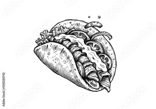 Gyro Wrap Hand-drawn Sketch. With vegetables and sauce, transparent background. Mediterranean food graphic, restaurant menu, food blog 
