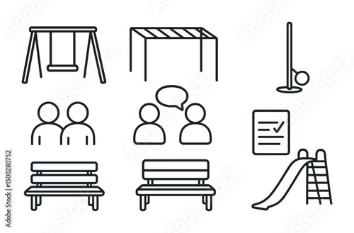 Playground equipment outline icons set – linear, silhouette, kids activity symbols
